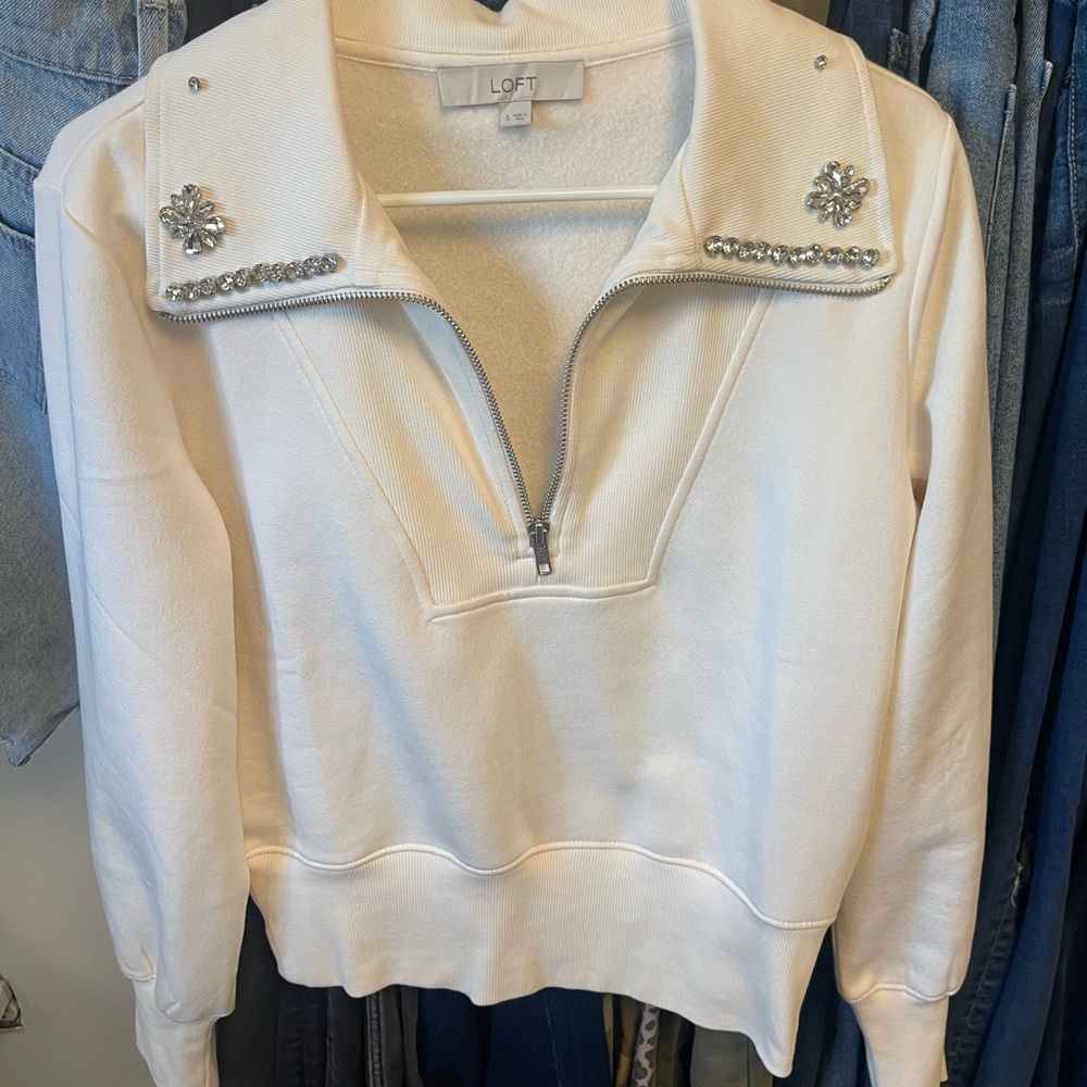 LOFT Cream Embellished Half-Zip Sweater
